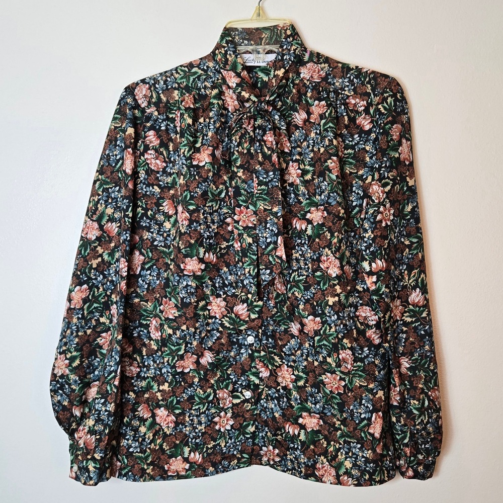 Lucky Winner Vintage Floral Bow Blouse Long‎ Sleeve Button Down Shirt